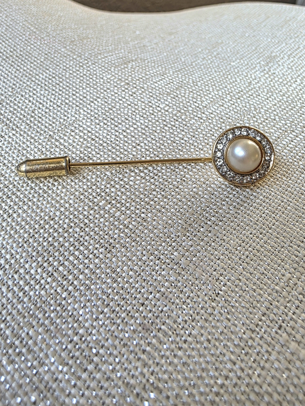 Vintage Crown Trifari Pearl & Rhinestone Halo Stick Pin 1950s - Picture 5 of 10